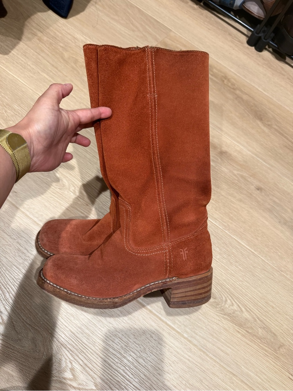 Frye Rust Suede Mid-Calf Heeled Boots
